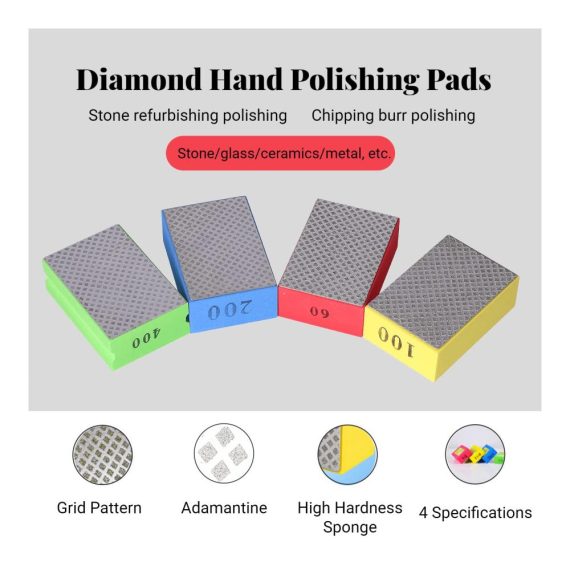 Diamant Handpolierpads Set 4-teilig - 60/120/200/400 Grit | Wiederverwendbare Schaum-Schleifblöcke für Fliesen Stein Marmor Beton Granit Keramik Glas - Nass und Trocken Polieren | Polier-Zubehör für präzises Trimmen und Entgraten