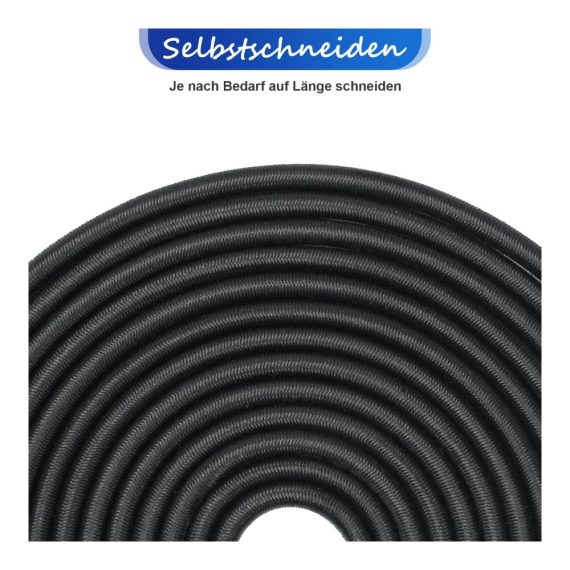 Expanderseil 6mm - 15m Schwarz | Elastisches Gummiseil mit Haken | Gummikordel für DIY Projekte | Gummiband für Planen und mehr