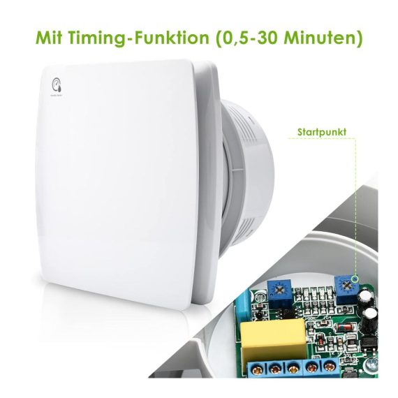 Leiser Feuchtigkeitssensor Badlüfter mit Timer und Rückstauklappe - Perfekt für Wohnraum Badezimmer und Küche (100mm weiß