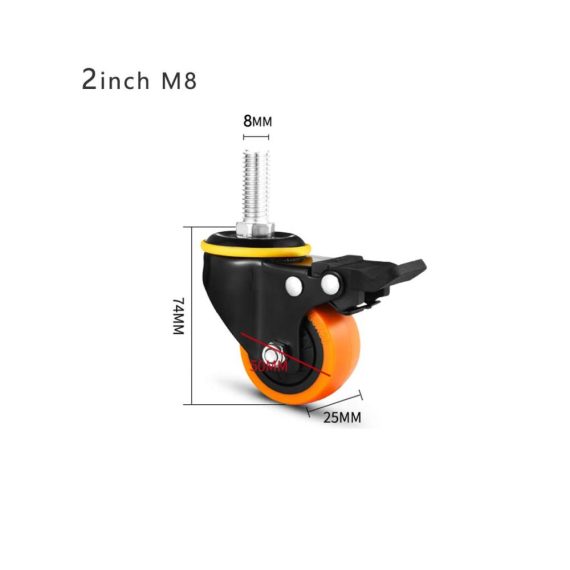 2 Zoll Lenkrollen mit Bremse M8 Gewinde leise PU 280 kg Traglast - 4er Set Möbelrollen für Trolley Krippe Babybett Regal - Drehbare Rollen mit Staubdicht - Schwerlast Lenkrollen