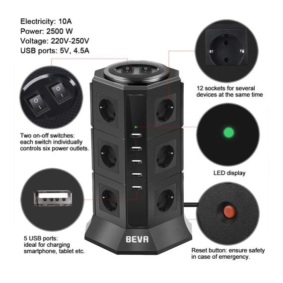12-fach Steckdosenleiste mit 5 USB-Anschlüssen Überspannungs- und Kurzschlussschutz – Steckdosenturm mit 2 Schaltern 2m Kabel 2500W/10A – Multi Steckdosenleiste für Mehrfachstecker