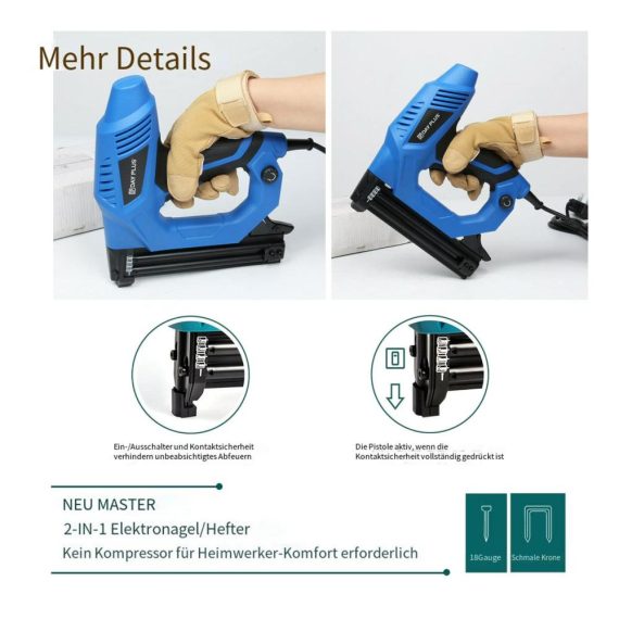 Elektrotacker 2in1 Universal-Kombigerät für Heimwerker - Tackerpistole für Klammern & Nägel (15-25 mm Heftklammern 15-32 mm Nägel) - Kabellänge 1 Meter