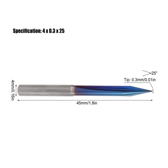CNC-Fräser-Bit-Set 5-teilig 2 Rillen V-Spitze Gravur-Bit-Schaftfräser Nano-Blau-Beschichtung 4 mm Schaft Wolframstahl-Schnitzwerkzeuge für präzise 4x0.3x25mm Einsätze
