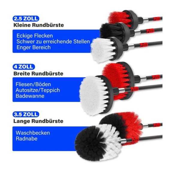 8-teiliges Akkuschrauber Bürstenaufsatz-Set für Auto Felgen Polster & mehr - Weiche und harte Bohrbürsten für Fliesen Badewannen - Drill Brush Kit