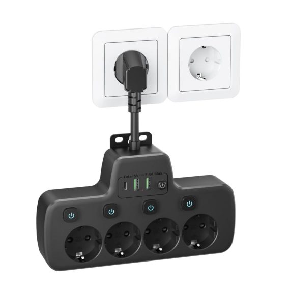 4-Fach Steckdosenleiste mit Einzelschaltung USB C Anschluss Wandmontage - Schwarz