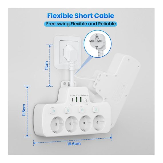 4-fach Steckdosenleiste mit USB C einzeln schaltbar wandmontiert - Weiß