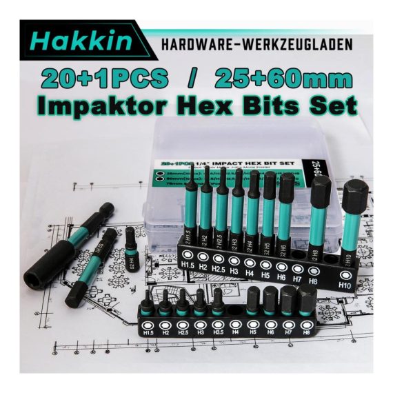 20-teiliges Hex Schlagschrauber Bits Set extra lang (25-60mm) - für Akkuschrauber Magnetische Bithalter Sechskant Impact Schraubendreher Sortiment 1/4 Zoll S2 Bitsatz - ideal für professionelle und Heimwerkerarbeiten