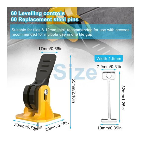 Fliesen Nivelliersystem Set – 60 Stück Fliesenkeile mit 2mm Verlegehilfe inklusive 60 Ersatz Stahlnadeln für Wand- und Bodenfliesen | Carrelage Leveling Zubehör
