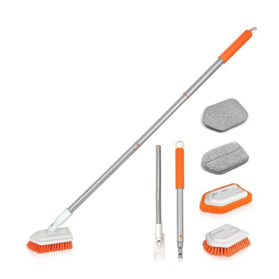 4-in-1 Duschschrubber mit Langem Stiel für Badreinigung | Vielseitige Schrubbbürste für Badewanne Boden & Wand | Reinigungsbürste für effektive Fußleistenpflege