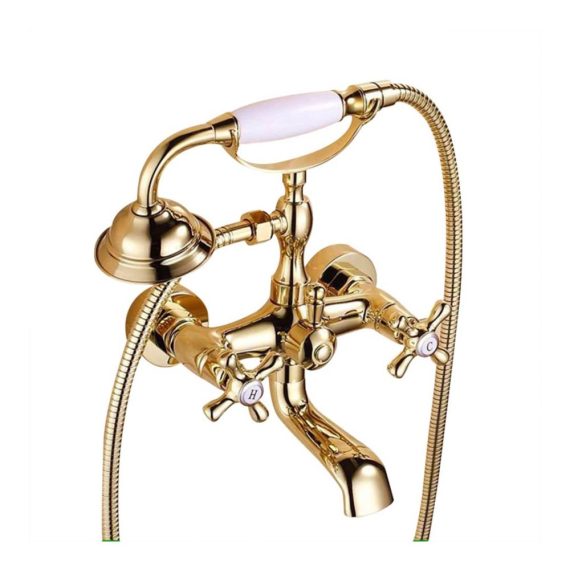 Antik Messing Badewannenarmatur mit Handbrause - Retro Wandmontage Zwei Griffe Gold Duscharmatur