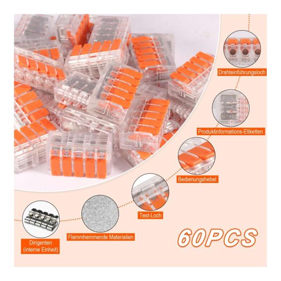 Premium Elektro Anschlussklemmen 60er Set Kabelverbinder & Kits - Neue Lüsterklemmen mit Betätigungshebel für 4mm² Leiter - Vielseitige Verbindungsklemmen für Feste Kabel (2-5 Leiter) - Optimale Kombinationsmöglichkeiten