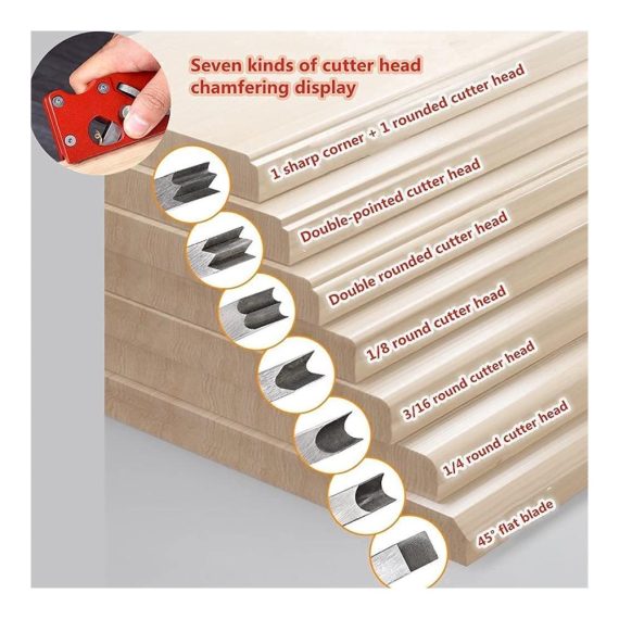 Holzbearbeitungs-Hobelset mit 7 Schneidköpfen für Kanten- und Eckbearbeitung - DIY Handwerkzeug für präzise Anfasung (Rot