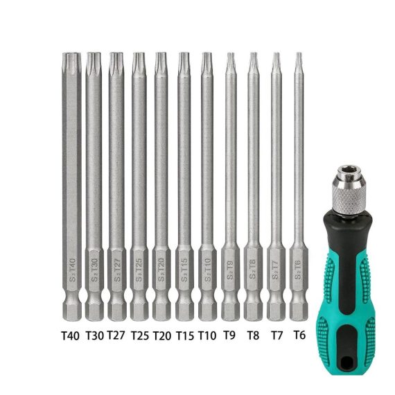 12-teiliges Torx Schraubendreher-Set aus magnetischem S2-Stahl - T6 bis T40 Sternkopf 100mm Länge - Ideal für Elektrowerkzeuge