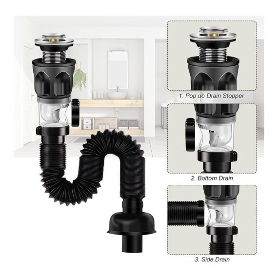 Flexibler Siphon für Waschbecken & Spülen | Geruchsdichter Ablaufschlauch mit Pop-Up-Filter | Erweiterbar auf 300-1000mm