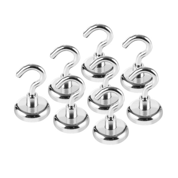 Neodym Magnethaken 32mm - 8 Stück Set | 80 lbs (36kg) Tragkraft | Super Starker Magnet mit Haken für Küche Bad Garage Büro und Kühlschrank | Magnetischer Haken-Set für vielseitigen Einsatz