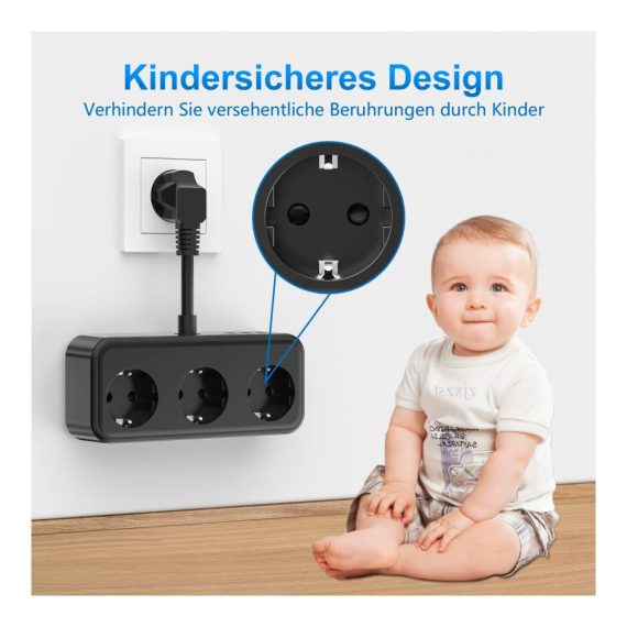 6-in-1 Steckdosenleiste mit 3-fach Steckdose und USB 5V/3.1A - Schwarz für Schlafzimmer Büro & Reisen