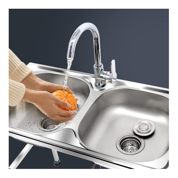 Doppelbecken Mobiles Spültisch aus Edelstahl mit Heißem und Kaltem Wasserhahn – Freistehende Gewerbliche Waschbecken für Wäsche im Hinterhof (75x40x83cm