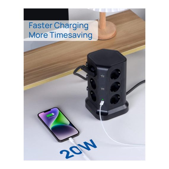 12-fach Steckdosenleiste mit Überspannungsschutz und 20W USB-C Ports - PD3.0 Unterstützung - 4 USB-A - 3680W/16A - Ideal für Zuhause & Büro