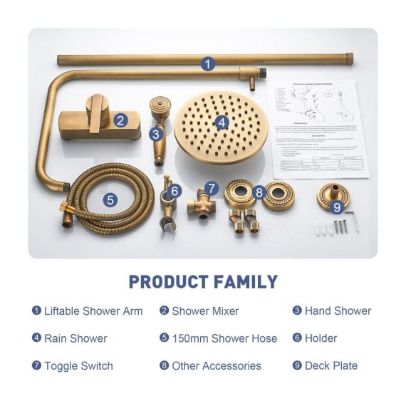 Antike Messing Duscharmatur Set Solepearl Duschsystem in Gold mit Regendusche Retro Duschset Höhenverstellbar 70~120cm inklusive 8 Handbrause Köpfen
