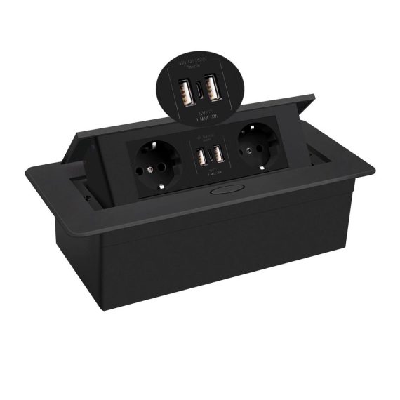 Mehrfachsteckdosen Tischplatte Pop-Up Tischsteckdose mit 2 Steckdosen 2 USB-Anschlüssen & Type-C Verbindung in Schwarz