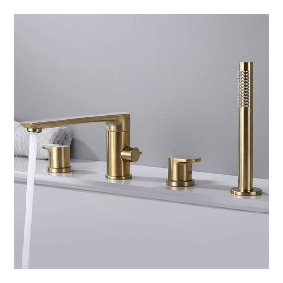 Badewannenarmatur 4-Loch in Gebürstet Gold | Multifunktions Wasserhahn mit Brause | Wannenfüllarmatur für Wannenkombination | Zwei Griffe für Kalt und Kalt