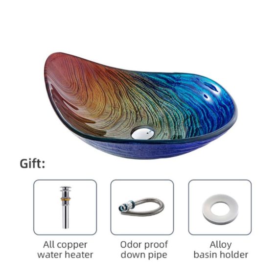 Regenbogenfarbenes Wassertropfen-Glaswaschbecken | Aufsatzwaschbecken für Bad mit Pop-Up-Ablaufgarnitur | Arbeitsplattenmontage Single Sink