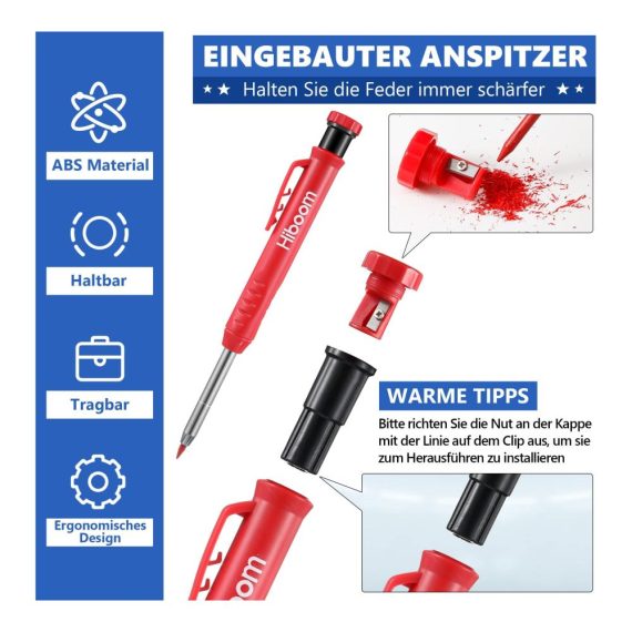 Holzbearbeitungsset Präzise Reißnadel Tischlerbleistift mit Körnerschlag und Tieflochmarker - Zimmermannsstifte inklusive Hartmetall-Scribe-Werkzeug und Eingebautem Spitzer (40 Minen Rot/Grau) für Baustelle und Handwerksprojekte