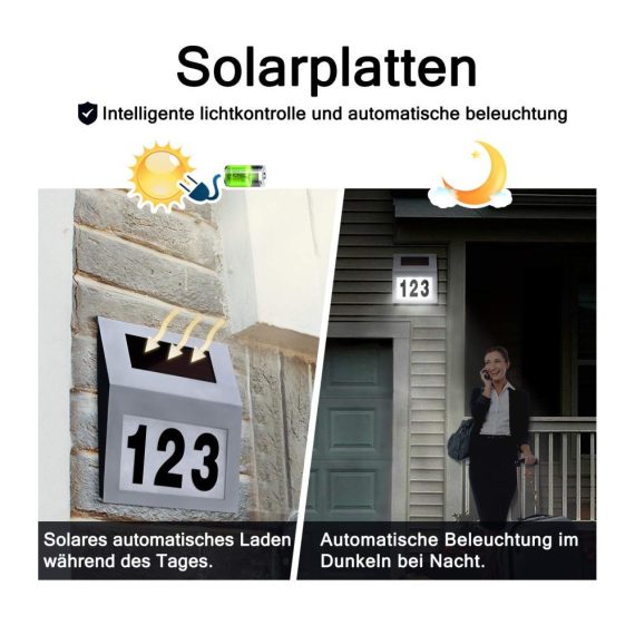 LED Solarhausnummer aus Edelstahl - Moderne Beleuchtete Hausnummer mit 2 LEDs - Solar Hausnummernleuchte Wandleuchte - Silber