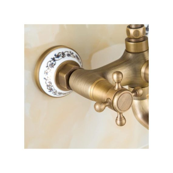 Antik Messing Wannenarmatur mit Doppelgriff und Handbrause - Wasserfall Badewannenarmatur für Wandmontage