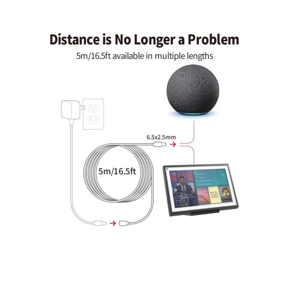 5M DC Verlängerungskabel für Echo Show 8/10/15 Echo (3./4. Gen) Echo Plus (2. Gen) - TONTON We | Praktisches Verlängerungskabel für Echo-Geräte
