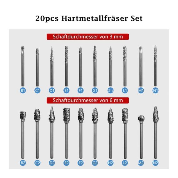 Hartmetall Fräser Set 20pcs – Hochwertige Metallfräser für Dremel DIY-Holzbearbeitung Schnitzen Metallpolieren Gravieren und Bohren – 1/8 Schaft Fräsbohrer für Die Grinder Bits Rotary Tool