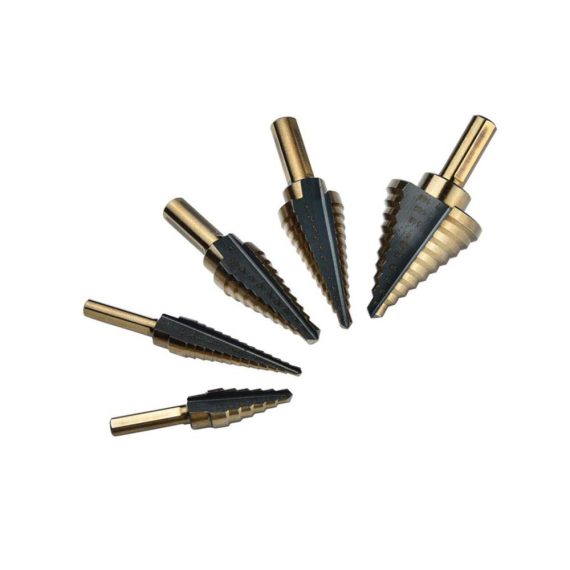 5-teiliges HSS Titan-beschichtetes Stufenbohrer-Set im British System 1/4-1-3/8 3/16-7/8 1/4-3/4 1/8-1/2 3/16-1/2 – Präzise Bohrer mit Dreiecksschaft für vielseitigen Einsatz