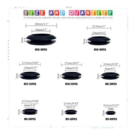 Gummi Tüllen Sortiment Kit - 280 Stück M3-M18 Elektrischer Leiter Dichtungsringe für Draht Stecker und Kabel - Kabeldurchführung Set für optimale Leitungsabdichtung
