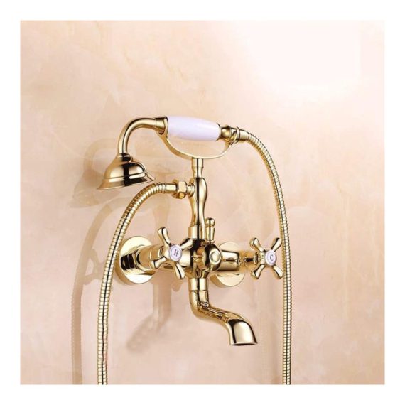 Antik Messing Badewannenarmatur mit Handbrause - Retro Wandmontage Zwei Griffe Gold Duscharmatur