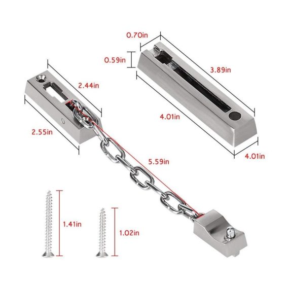 Sicherheitsschloss Türkette aus verdicktem Edelstahl mit gebürsteter Oberfläche - Inklusive 4 Schrauben (Silber