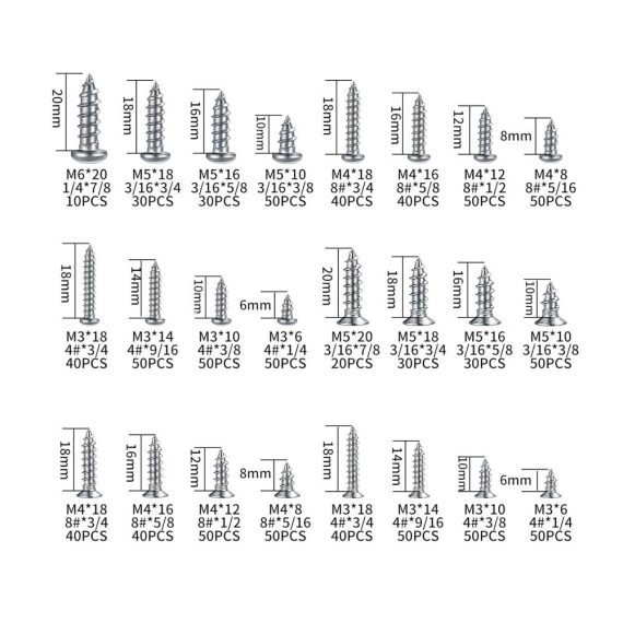 990-teiliges Holzschrauben-Sortiment-Set selbstschneidend Edelstahl M3/M4/M5/M6 Kreuzschlitz Deck-Trockenbau-Betonschrauben 500 Stück Flachkopf 490 Stück Rundkopf