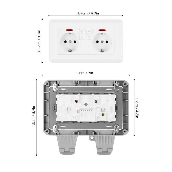 2-fach Außensteckdose mit IP66 Wasserschutz Klappdeckel und Kabelverbinder - Ideal für Küche Bad Garage Schwimmbad und Garten - Staubdicht und Outdoor Steckdose