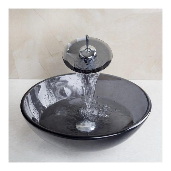 Design-Waschtisch-Set Rundes 415 cm Glasbecken in Grau mit Siphon Abflussrohren und Wasserhahn – Hochwertiger Ausgussbecken-Brand für stilvolle Badezimmer