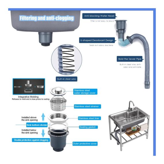 Edelstahl Ausgussbecken für Küche und Werkstatt - Freistehender Spültisch mit Wasserhahn und Schläuchen - Ideal für Gewerbe Bauernhäuser und Verpflegung
