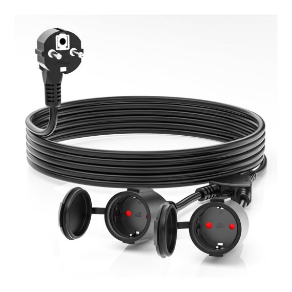 5m Verlängerungskabel mit Doppelstecker für Outdoor-Steckdosen - Schwarz 15mm² Stromkabel 2-fach Steckdose inklusive