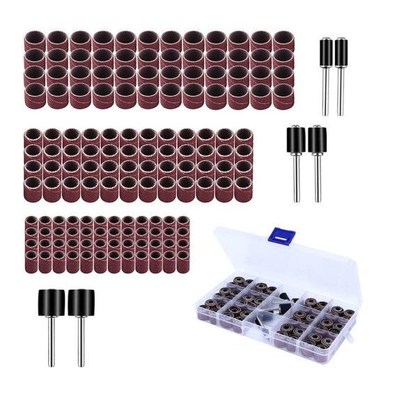 Professionelles 150-teiliges Schleifhülsen-Set für Dremel Drehwerkzeug - Drum Sander Kit mit 144 Schleifband Sleeves und 6 Schleifwalzen