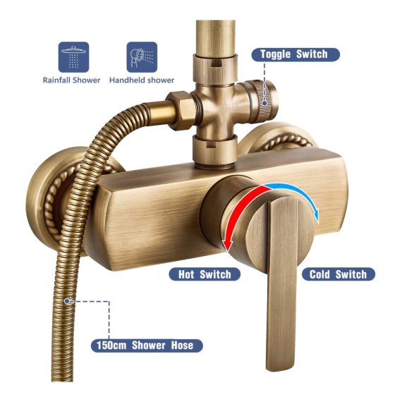 Antike Messing Duscharmatur Set Solepearl Duschsystem in Gold mit Regendusche Retro Duschset Höhenverstellbar 70~120cm inklusive 8 Handbrause Köpfen