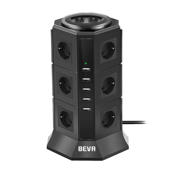 12-fach Steckdosenleiste mit 5 USB-Anschlüssen Überspannungs- und Kurzschlussschutz – Steckdosenturm mit 2 Schaltern 2m Kabel 2500W/10A – Multi Steckdosenleiste für Mehrfachstecker