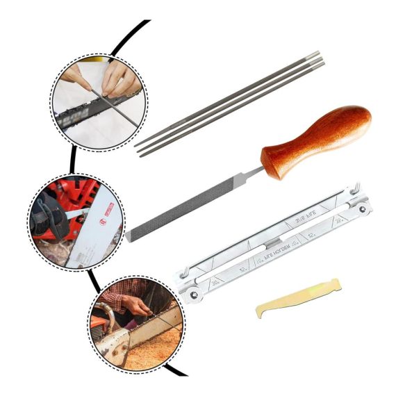 Professionelles 10-teiliges Kettensägen-Schärffeilenset - Universeller Kettensägenfeilensatz mit Rundfeile Schärfführungen Tiefenmesser flacher Feile und leichter Feldtasche für optimale Kettensägenschärfe