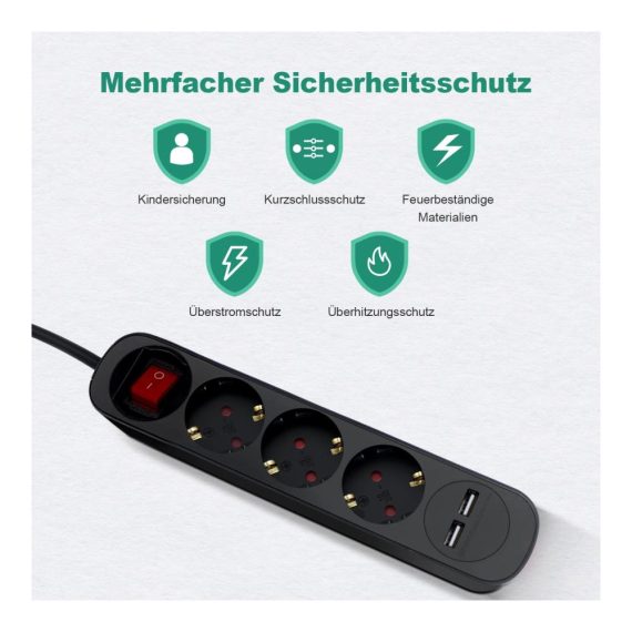 3-fach Steckdosenleiste USB 3680W 2 USB-Anschlüsse 5V/2.4A Schalter Kindersicherung 3m Kabel - RealMade Schwarz Steckerleiste für Smartphones
