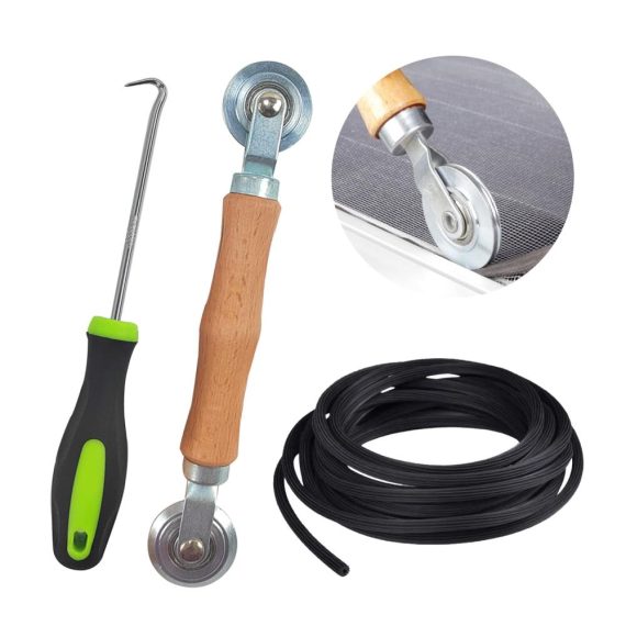 Fliegengitter Zubehör-Set Doppelrad Dichtungseinroller mit Holzgriff 15m x 5mm Gummi Kederband für Insektenschutz - Fenster Sieb Roller Werkzeug Kit