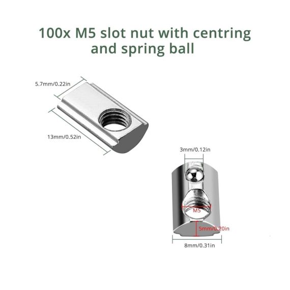 Nutensteine M5 mit Steg - Federkugel Nut 6 100 Stück Hammermutter Stahl Verzinkt Nutmuttern T-Nut M5 Gewinde für 3D Drucker und CNC Aluminiumprofil-Extrusionsschlitz 20-Serie 20x20 mm