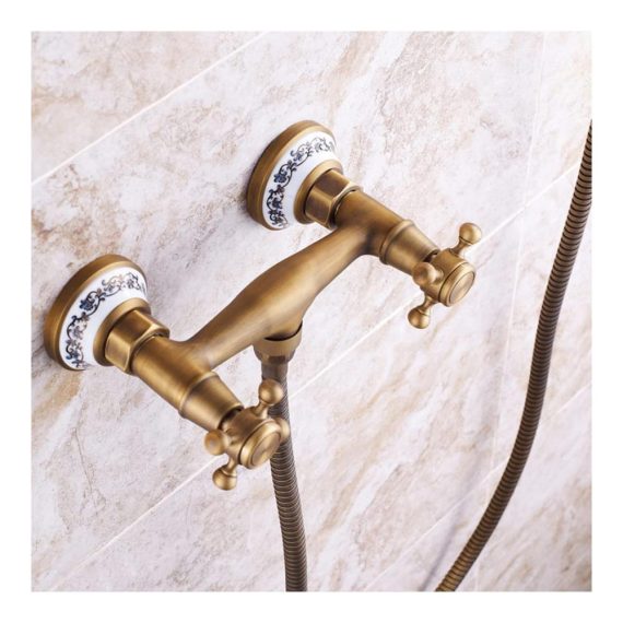 Antike Messing Wandmontage Badewannenarmatur mit Handbrause - Retro Stil Zwei Griffe Duscharmatur