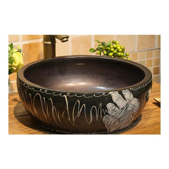 Retro Keramik Einbauwaschbecken | Handgemaltes Kunstbecken | Vintage Rundes Badezimmerspüle | Oben Zähler Waschbecken mit Gegenbecken für ein stilvolles Bad