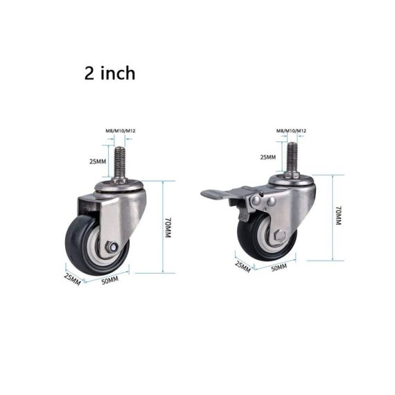 15-Zoll Edelstahl 304 Lenkrollen für Möbel - Robuste Radplattenrollen mit M8/M10/M12-Gewinde 300 kg Tragkraft geräuschlos PU-Bremse drehbar